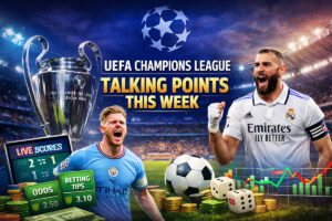 UEFA Champions League stadium scene with trophy and players highlighting champions league talking points this week and key match insights